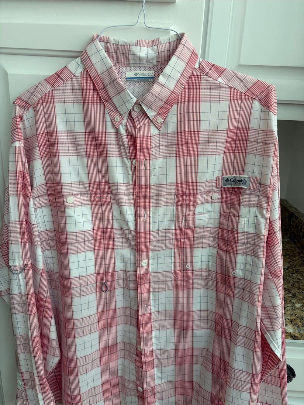 Columbia Men's Red and White Plaid Button-Down Shirt